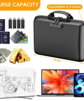 Rugged Hard Shell Fireproof File Organizer With Lock 13 Pocket Accordion Folder, black, for documents and laptop, expandable.