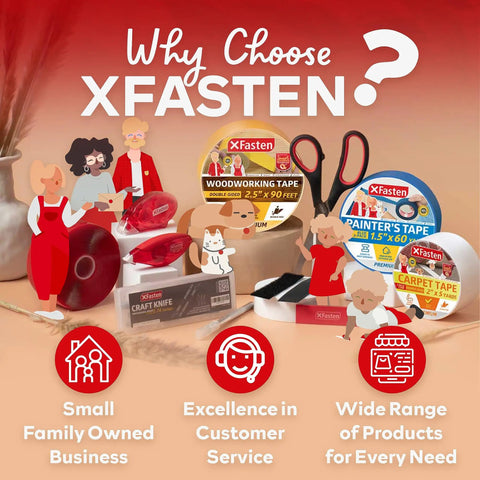 XFasten products including woodworking and painter's tape, craft knife, and tools, highlighting family-owned business and customer service.