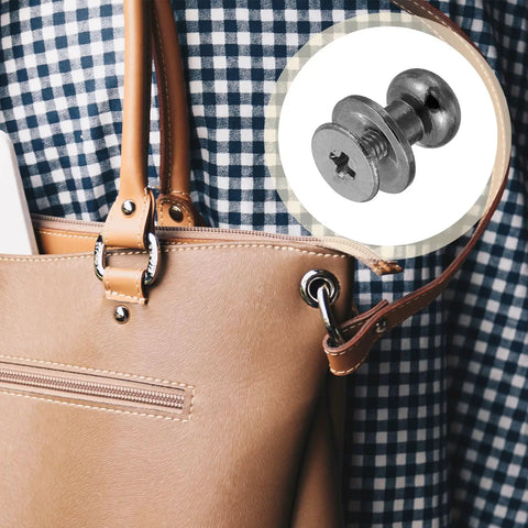 Snag These Badass Chicago Screws To Upgrade Your Leather Game Pack Of 30 Metallic Black Round Head Button Stud Rivets For Patching Up Handbags Shoes And Belt Repair Projects displayed on a handbag.