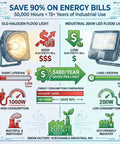 Energy savings comparison chart of old halogen flood light vs industrial 200W LED flood light highlighting efficiency and cost benefits.