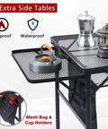Folding Grill Table With Extendable Wing Panels, 3x2 Ft Portable Camping Table, Height Adjustable, mesh desktop, cup holders, side tables