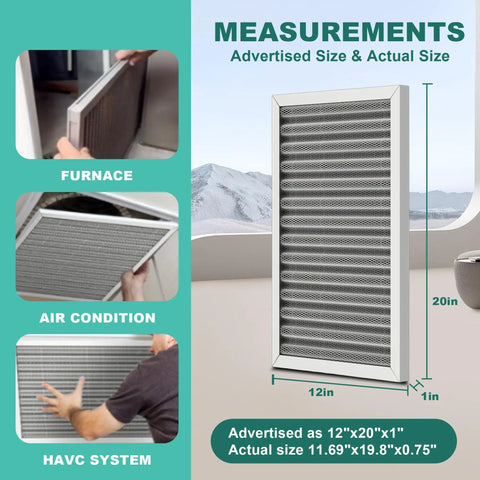 12x20x1 Reusable Electrostatic Air Filter, MERV 8 Washable HVAC AC Furnace Filter, with measurement guide and installation.