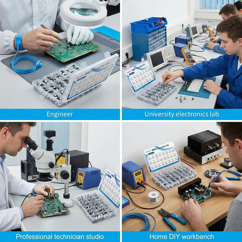 Engineer working on a circuit board with No Brainer 400Pcs SMD Aluminum Electrolytic Capacitor Kit on a lab table.