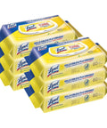 Stack of six packs of Lysol disinfecting wipes, lemon scent, 80 wipes per pack. Packaging highlights virus and bacteria killing claims.