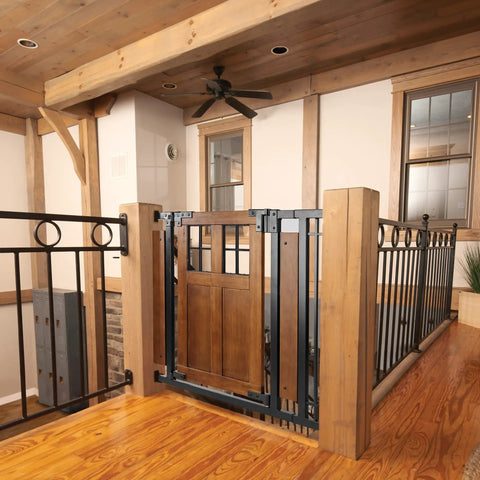Farmhouse Style Barn Door Walk Thru Baby Gate With Dual Swing Stylish Auto Close 30 Inch Tall Fits 29 To 43 Inch Openings Wood And Black Finish