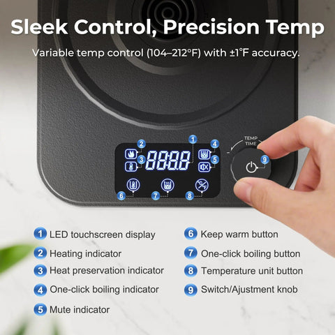 Control panel of Gooseneck Electric Kettle With Precise Temperature Control Pro Grade 1L 1200W Fast Heating device with control knob