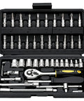 Heavy Duty 46 Piece 1/4 Inch Metric Socket Ratchet Wrench Set Built For Tight Squeeze Jobs And Quick Fastener Swaps showing organized tools in case.