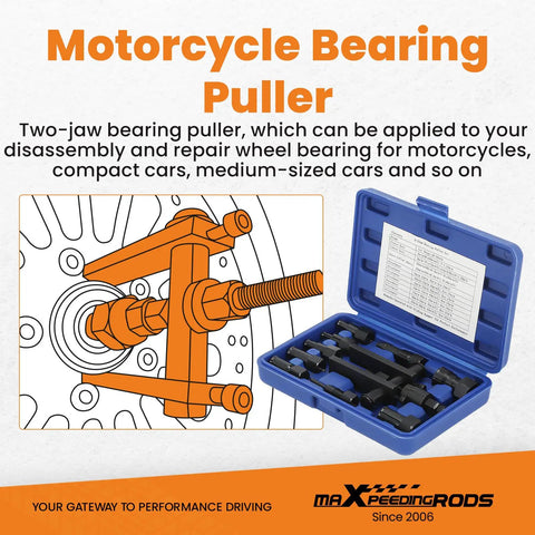 Top Shelf Motorcycle Blind Hole Bearing Puller And Extraction Kit For 8 Mm To 25 Mm Seals with two-jaw design for wheel bearing repair.