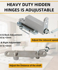 Heavy Duty Self Closing Pivot Hinge With Smooth Swing Action Built Tough For Wood And Secret Doors, adjustable features shown.