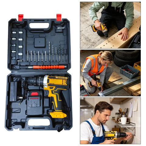 Kickoff Your Weekend Repairs Without The Sweat Using This Dependably Smooth 21V Cordless Battery Drill And Driver Set with accessories in tool case.