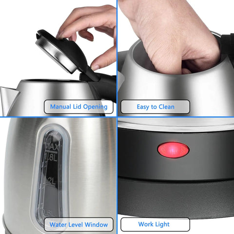 Stainless Steel Electric Kettle 1.8L With 1100W Rapid Boil, BPA Free Tea And Coffee Maker, showing lid, water level, and work light.