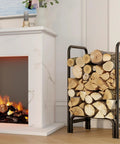 Sturdy Firewood Rack And Log Holder For Indoor Outdoor Use Heavy Duty 25mm Tubular Steel Log Storage Stack Supports Up To 400 Pounds Rustproof Black Powder Coated Firewood Organizer For Fireplace And Patio by a fireplace
