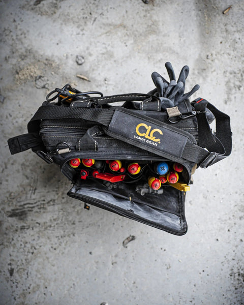 Top view of Heavy-Duty 30-Pocket Multi-Compartment Tool Carrier, 13-Inch, showcasing zippered side panel and quick-access pockets.