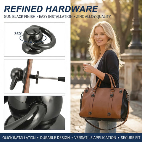 Hella Solid Black Zinc Ball Studs With Swivel D Rings For Leather Crafting shown with a handbag, demonstrating 360° movement and installation.