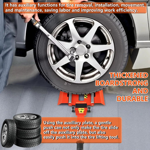 Using Upgraded Portable Roller Tire Jack With Double Ramp For Cars Trucks And Suvs to lift a car tire with tool.