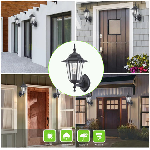 Rock Solid Black Outdoor Wall Sconce For Porch Lighting Fixture with Durable Metal Housing and Clear Glass Shade E26 Base in various outdoor settings.