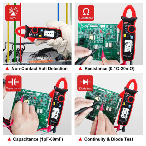 Digital Clamp Meter Auto Range True RMS 2000 Counts AC DC Amp Meter Multimeter testing voltage, resistance, capacitance, and continuity.