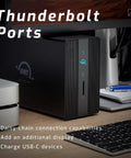 Flat Out Fast Dual Drive Raid Thunderbolt Dock With 12TB Storage And Built In SD Card Reader For Video Editors Seeking Hella Reliable Footage Processing And Zero Lag Time with visible Thunderbolt ports on desk.