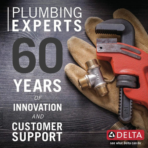 Delta Plumbing Experts celebrating 60 years of innovation and customer support with a pipe wrench and gloves displayed.