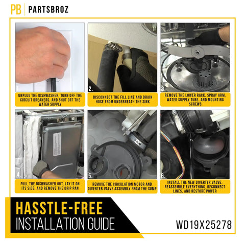 Installation guide for Diverter Valve Kit For GE Dishwashers Dope Replacement Part WD19X25278 with step-by-step visuals.