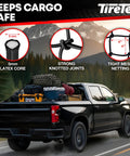 Pro Grade Bungee Cargo Net Rock Hard 5Mm Latex Core 4X6 To 8X12 mounted on pickup truck bed, securing gear with tight mesh netting.