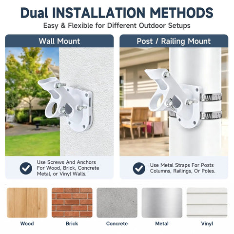 Dual installation methods of Mighty Sturdy White Flag Pole Holder Bracket for Outside House Walls, showcasing wall and post mount options.