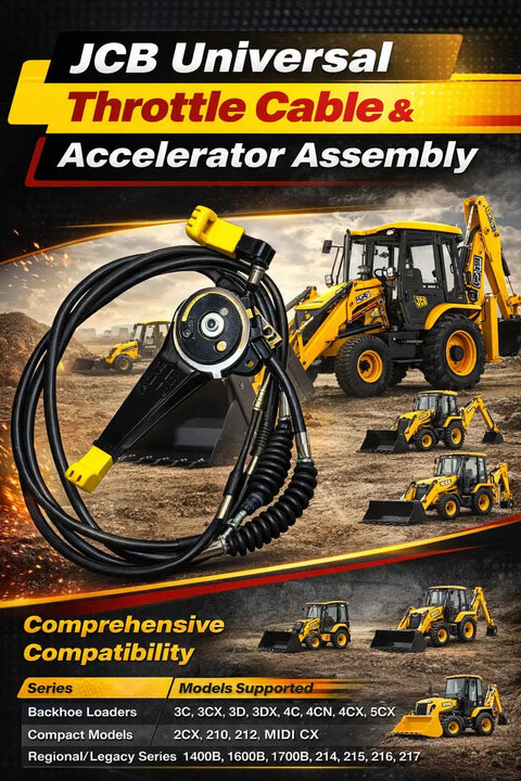 Heavy Duty Universal Throttle Cable Kit For Jcb Backhoe Loader Replacement Accelerator Control Line with steel lever and compatibility details.