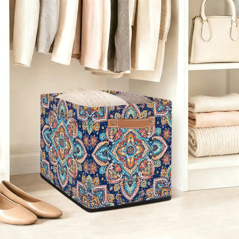 Foldable Paisley Mandala Storage Basket 13 Inch Cube, waterproof, organized with clothing in closet, reinforced handles.