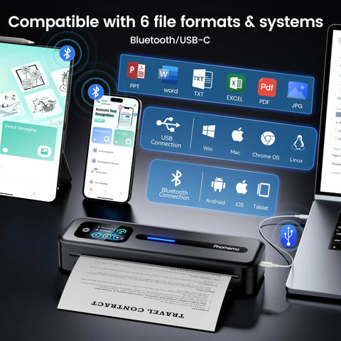 Upgraded Portable Wireless Printer With Touchscreen, Bluetooth Thermal Inkless M832D printing a document next to devices