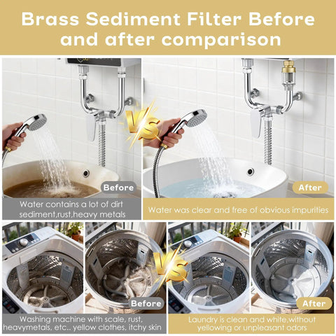 Brass sediment filter before and after comparison for 2 Pack Brass Sediment Filter Reusable Washing Machine Water Filter 50 Micron Anti Scale Anti Rust Mud Sand Traps Yellow Mini For Water Heater Garden RV