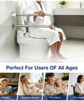 Foldable Toilet Grab Bar 24 Inch Stainless Steel Handrail Heavy Duty Bathroom Safety Rail supporting user in bathroom.