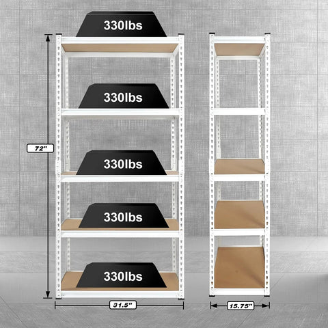 White 5 Tier Metal Storage Shelves 31.5 By 15.75 By 72 Inches Adjustable Utility Rack For Garage Kitchen Heavy Duty Steel Construction with labeled weight limit.