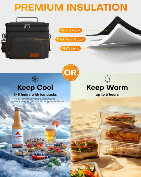 Premium 9 Liter Soft Sided Cooler Bag With Leak Proof Design Keeps Your Grub Fresh All Day Superior Triple Layer Insulation with Oxford fabric and PEVA lining.