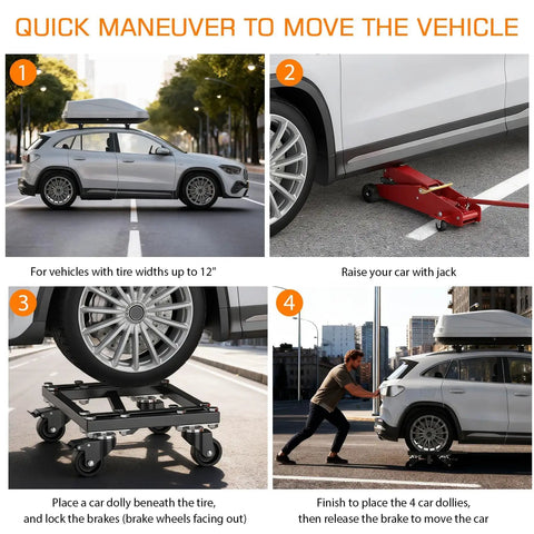 Heavy Duty Set Of 4 Car Wheel Dollies Featuring 6000 Lbs Capacity Tire Skates Cart demonstrated moving a vehicle with a jack.