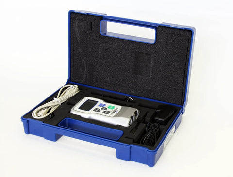 Heavy Duty Digital Force Gauge Rated For 10 Lb 5 Kg 50 N in blue storage case with cables and accessories visible.