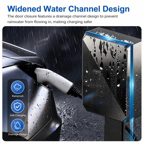 Widened water channel design on Tough as Nails EV Charger Enclosure, preventing rainwater for secure outdoor use.