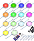 RGBWW Under Cabinet Puck Light Kit with Daisy Chain Link, Remote Dimmer, Multi Color Warm White Ambiance, 14 LED lights and accessories