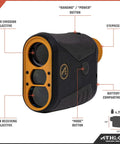 Built Ridiculously Tough Weatherproof Laser Rangefinder Featuring Fully Multicoated Optics And Rapid Scan Mode For Heavy Duty Precision On The Trail Or Driving Range No Sweat device showing buttons and features.
