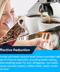 Nsf Certified Coconut Shell Carbon Inline Water Filter With 3/8 Inch Quick Connect Fittings seen in use with coffee and ice water preparation.