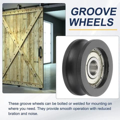 Heavy Duty U Groove Ball Bearing Rollers Designed For Smooth Sliding Doors And Windows Pack Of Four Black Nylon Pulley Guide Wheels With Stainless Steel Tracks on barn door.