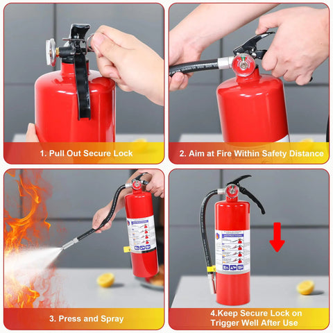 Professional Grade ABC Dry Chemical Fire Extinguisher With Wall Mount 2A 10B C Rating demonstrating safe usage steps.