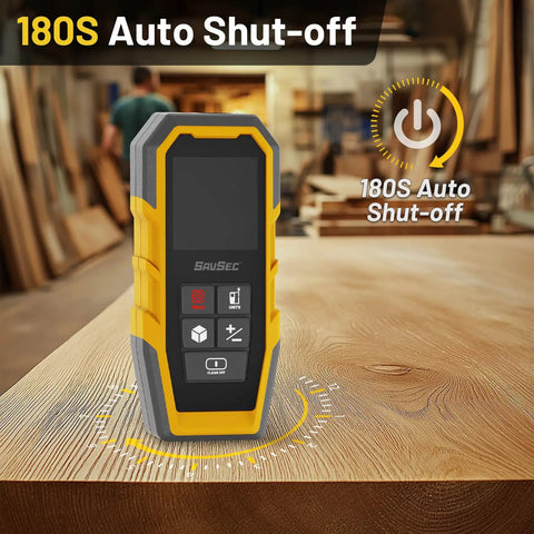 Dead On Accuracy 328 Foot Range Laser Distance Meter For Room Tracking And Volume Calculations Speedy Backlit Display on wood surface.