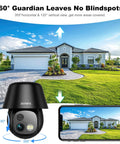 Wireless Outdoor Security Camera System With 2K Pan Tilt 360 View showing camera coverage around a house.