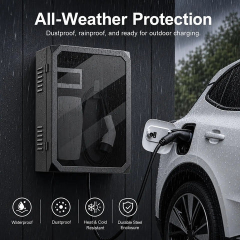 Heavy Duty Outdoor EV Charger Enclosure Built Tough Cold Rolled Steel Electrical Box Weather Resistant Wall Mount Shield showing rainproof design.