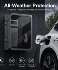 Heavy Duty Cold Rolled Steel EV Charger Station Enclosure Featuring Lockable Clear Door And Rust Resistant Finish For Dependable Wall Mount Protection At Home Or The Garage with EV plug in rainy weather.