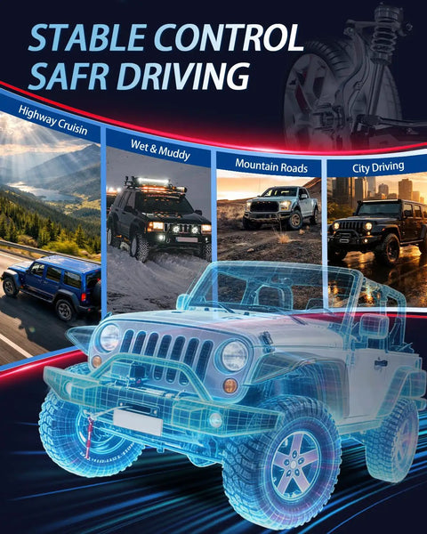 Visual representation of stable control and driving safety for diverse terrains with 12 Pcs Front Lower Suspension Control Arms Kit.