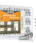 Built Tough Heavy Duty Zinc Alloy Drywall Anchors With Self Drilling Screws in a clear storage case with tools.