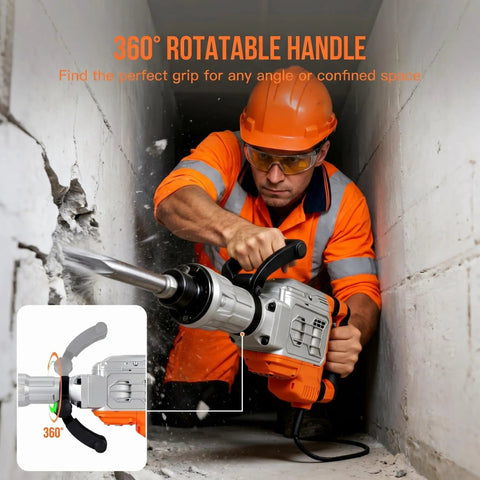 Man operating 1700W Electric Jackhammer Concrete Breaker With 1900 BPM Demolition Power in a wall corner with a 360° rotatable handle.