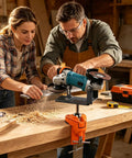 Adjustable Angle Grinder Holder with a Savage Grip Vise Base for Crushing Grinding Jobs and Polishing Tasks Featuring 360 Degree Swivel Action and Benchtop Mount for Serious Hands Free Power Tool Work in use with wood shavings.