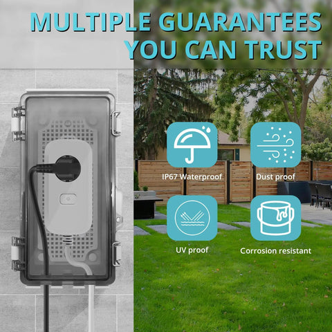 Mini Outdoor Extension Cord Cover Box With Clear View Lid shows waterproof features and an entry port for secure outlet plug protection.